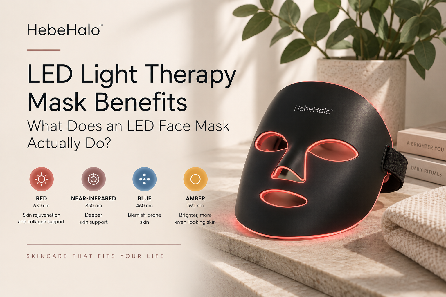 Black LED face mask illustrating red, near-infrared, blue and amber LED light therapy wavelengths