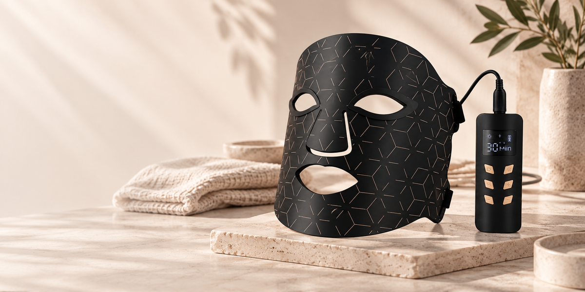 HebeHalo black LED light therapy face mask with rechargeable controller
